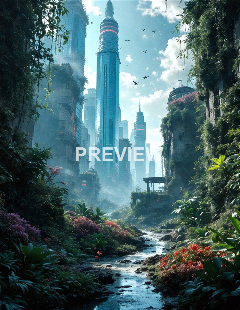 The image depicts a futuristic cityscape with towering skyscrapers and modern architecture, set amidst a lush, overgrown natural environment with a small stream flowing through vibrant greenery, all under a bright blue sky with clouds and birds flying.